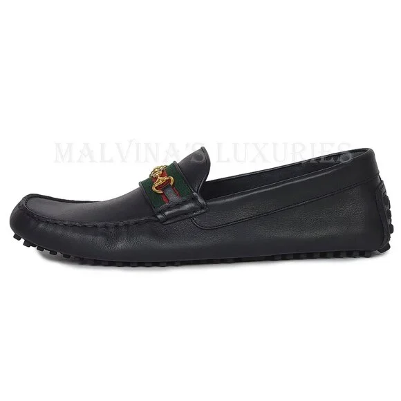GUCCI SHOES MENS BLACK LEATHER HORSEBIT LOGO DRIVER LOAFERS w WEB sz 13 13.5 - Picture 4 of 16